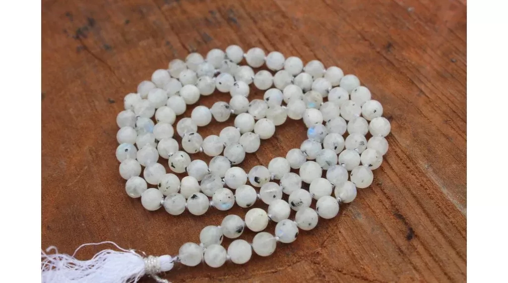 Rainbow Moonstone Healing Crystal Japamala 108 Beads | Handcrafted Meditation Mala for Yoga, Prayer, Reiki, Chakra Balancing & Spiritual Healing