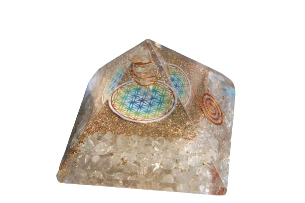 Crystal Quartz Flower of Life Chakra Orgone Pyramid | Spiritual Growth Awareness | Handmade | Home Office Decor