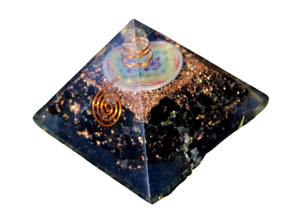 Tourmaline Flower of Life Chakra Orgone Pyramid | Confidence , Prosperity , Attracts Inspiration | Handmade | Home Office Decor