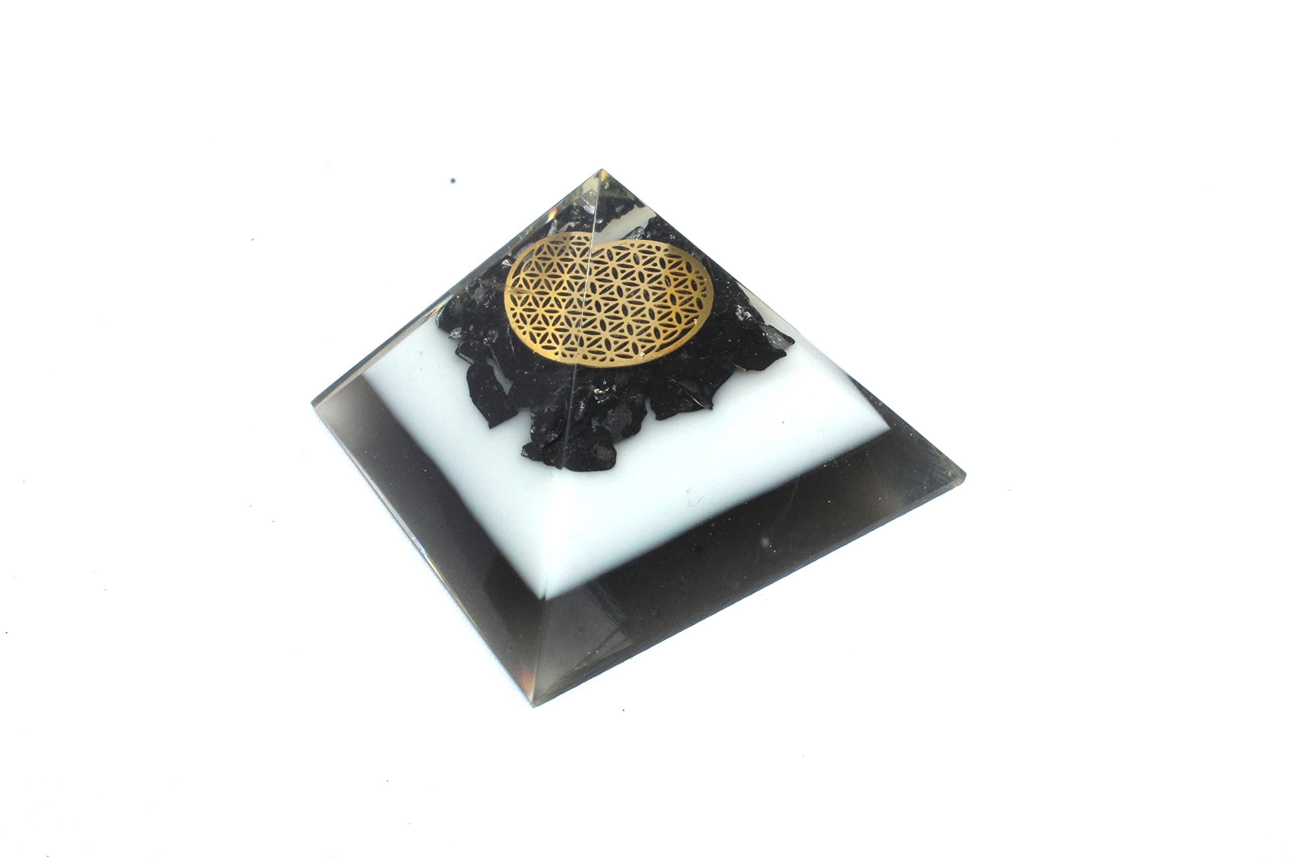 Tourmaline Shungite Flower of Life Pyramid | Healthy Mood , Spiritual Energy | Handmade | Home Office Decor