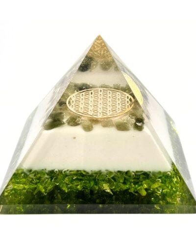 MOLDAWITE Flower Of Life Orgone Pyramid | Spiritual Crystal | Handmade | Home Office Decor