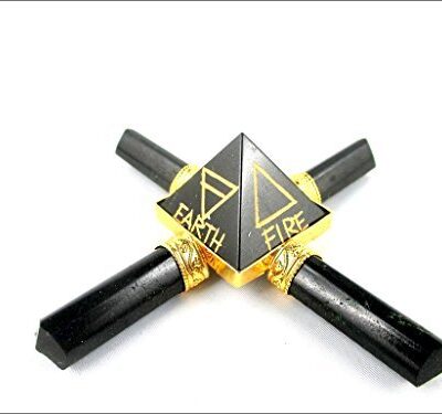 Black Tourmaline 4 Point Gold Plated Pyramid Generator | 5 Elements Engraved | Air | Water | Earth | Fire | Star |
