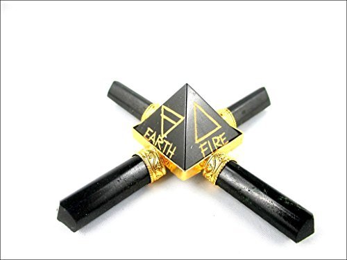 Black Tourmaline 4 Point Gold Plated Pyramid Generator | 5 Elements Engraved | Air | Water | Earth | Fire | Star |