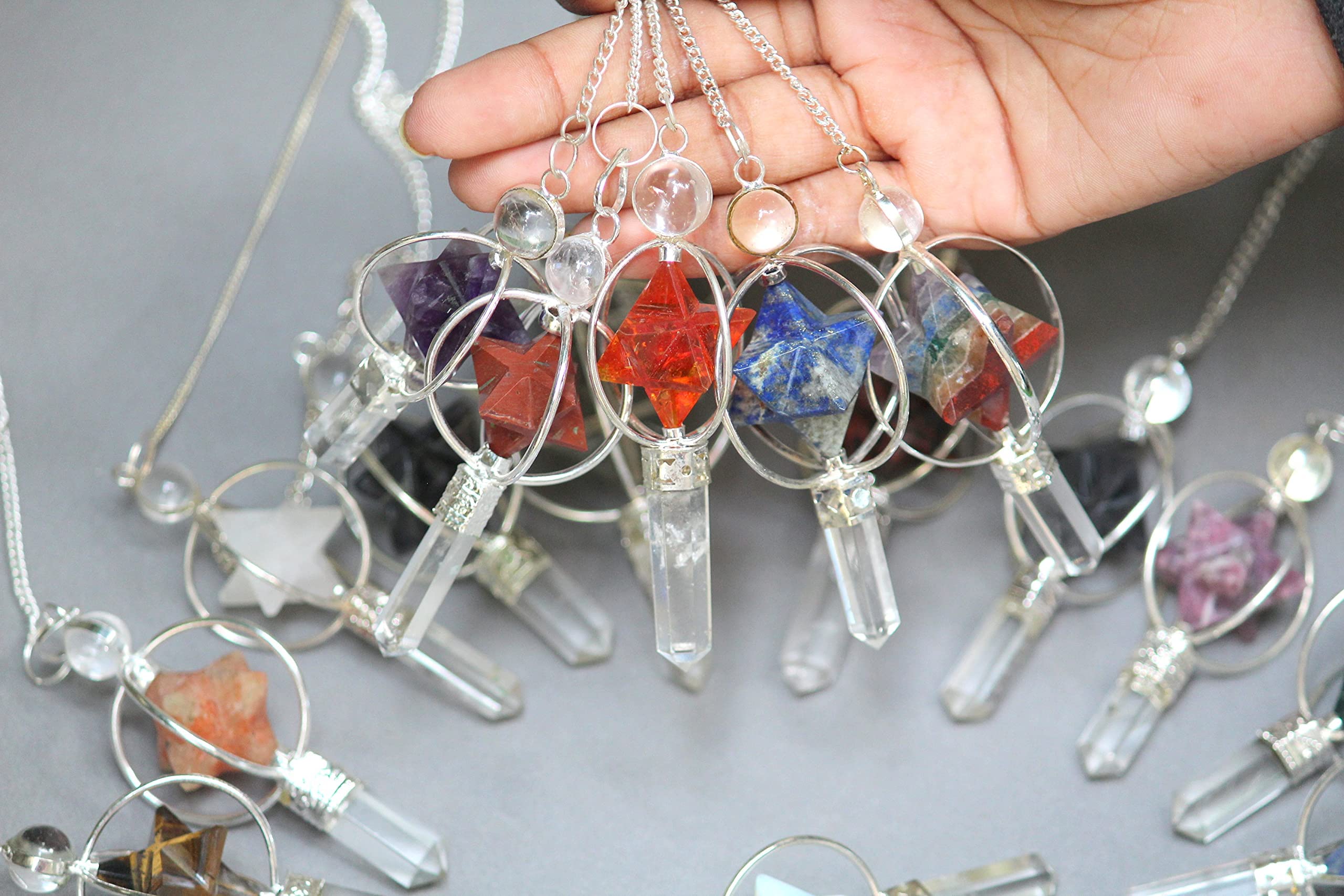 Authentic Assorted Spinning Merkaba Pendulum | Chakra Balancing | Natural Stone | ( Set Of 10 )