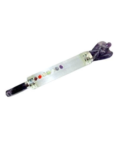Jet Selenite Mini Amethyst Angel Chakra Wand - Natural Selenite Crystal Angel Carved Mini Stick with Amethyst & Chakra Stones (Approx 4.5 Inch) for Decoration, Collection & Gift