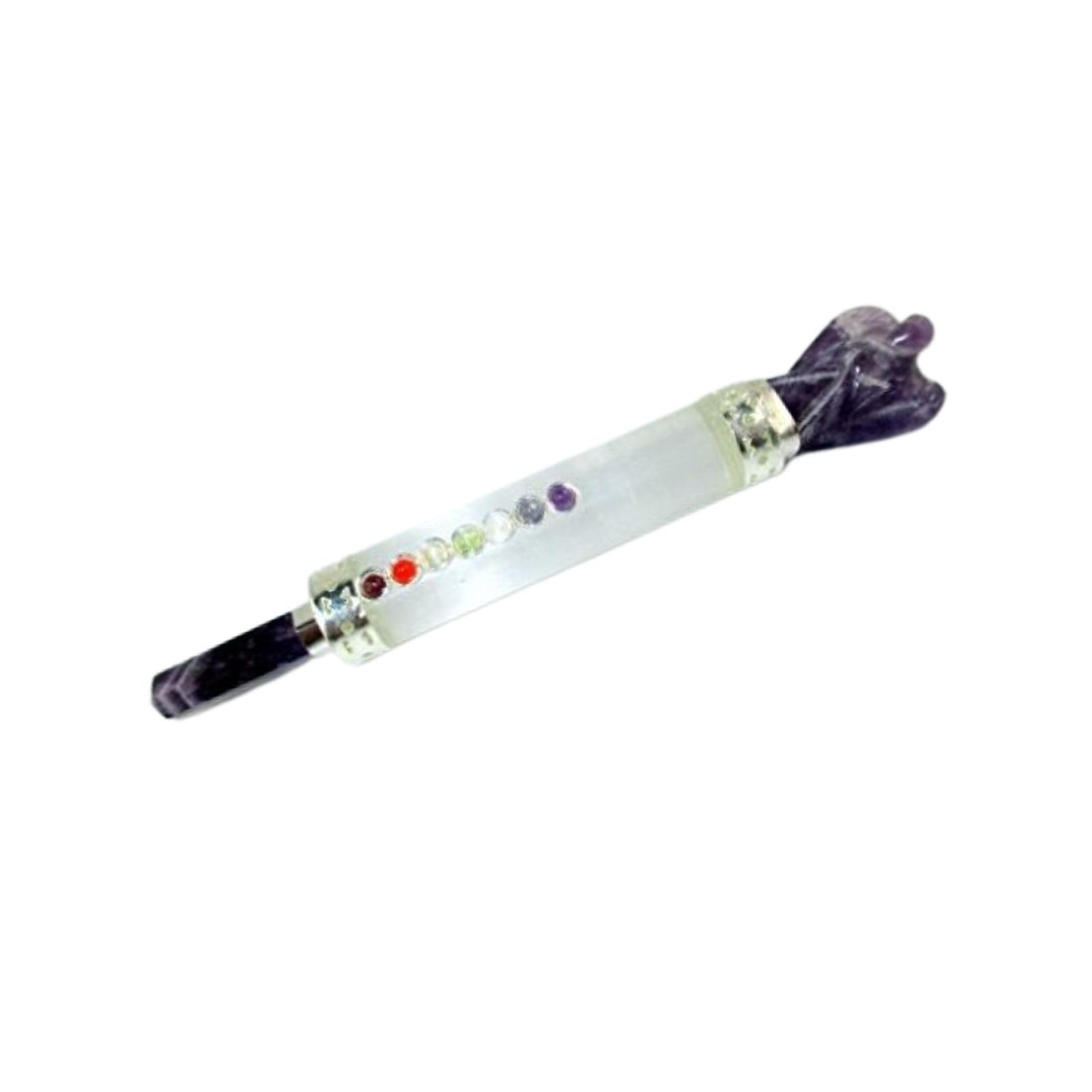 Jet Selenite Mini Amethyst Angel Chakra Wand - Natural Selenite Crystal Angel Carved Mini Stick with Amethyst & Chakra Stones (Approx 4.5 Inch) for Decoration, Collection & Gift
