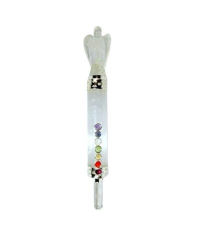 Jet Selenite Angel Chakra Mini Wand - Natural Selenite Crystal Angel Carved Mini Stick with Chakra Stones (Approx 3-3.5 Inch) White Polished Gemstone Wand for Decoration, Collection & Gift