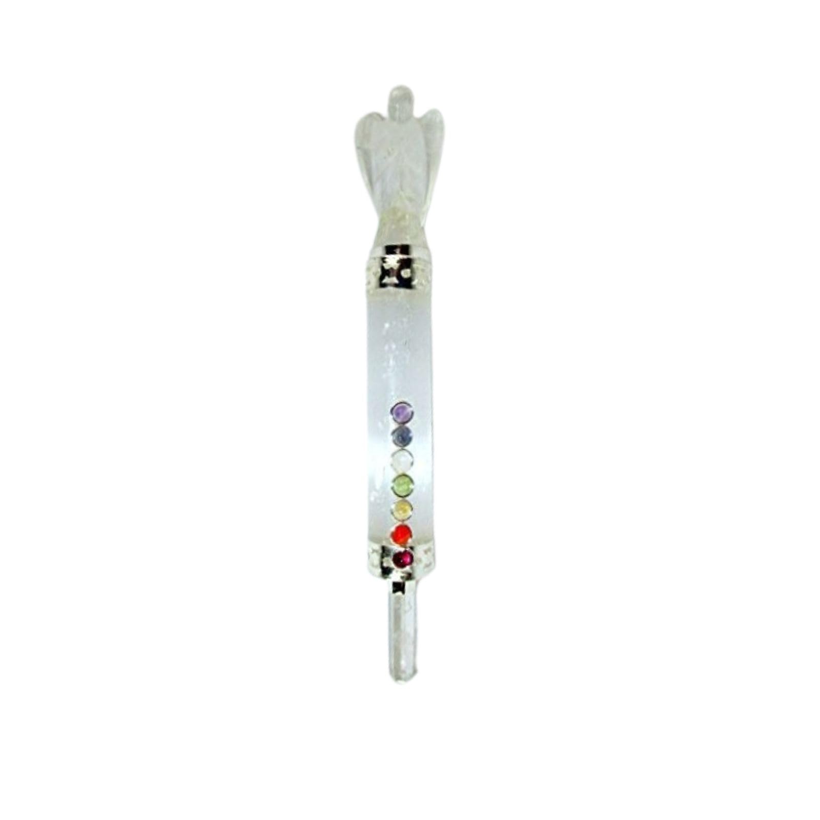 Jet Selenite Angel Chakra Mini Wand - Natural Selenite Crystal Angel Carved Mini Stick with Chakra Stones (Approx 3-3.5 Inch) White Polished Gemstone Wand for Decoration, Collection & Gift