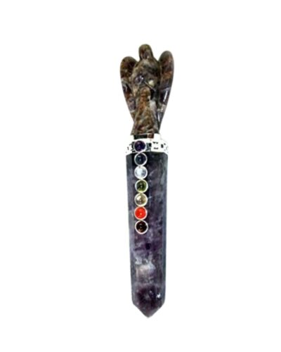 Jet Amethyst Angel Chakra Wand - Natural Amethyst Crystal Angel Carved Wand with Chakra Stones (Approx 5.5 Inch) Purple Gemstone Polished Stick for Decoration, Collection & Gift