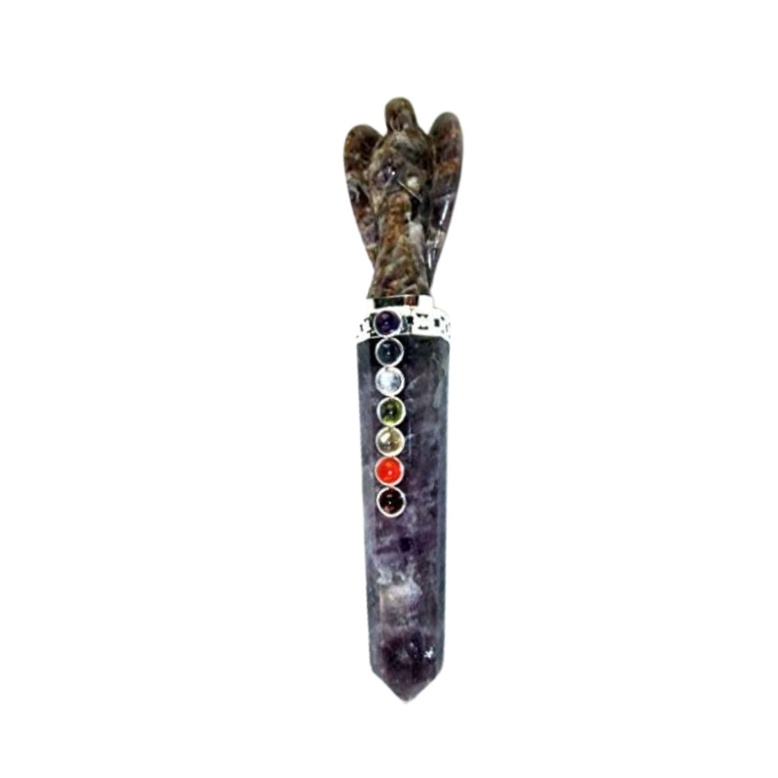 Jet Amethyst Angel Chakra Wand - Natural Amethyst Crystal Angel Carved Wand with Chakra Stones (Approx 5.5 Inch) Purple Gemstone Polished Stick for Decoration, Collection & Gift