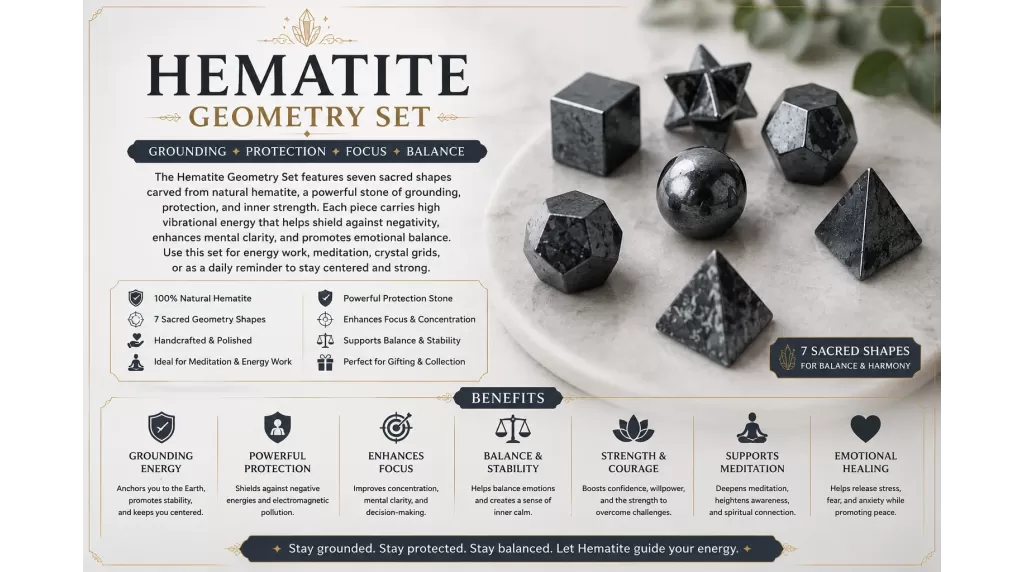 Hematite 7 Geometry Set | promote grounding, protection, stability, and balanced energy