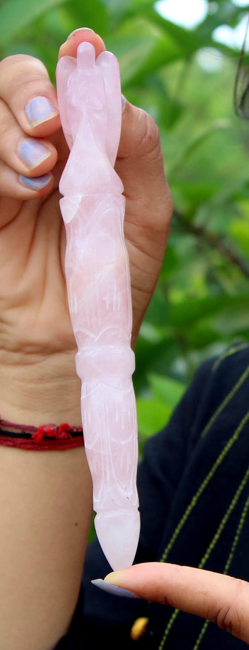 Jet Handmade Angel Carved Rose Quartz Stick Wand - Natural Rose Quartz Crystal Angel Carving Wand (Approx 5-5.5 Inch) Pink Gemstone Polished Stick for Decoration, Collection & Gift